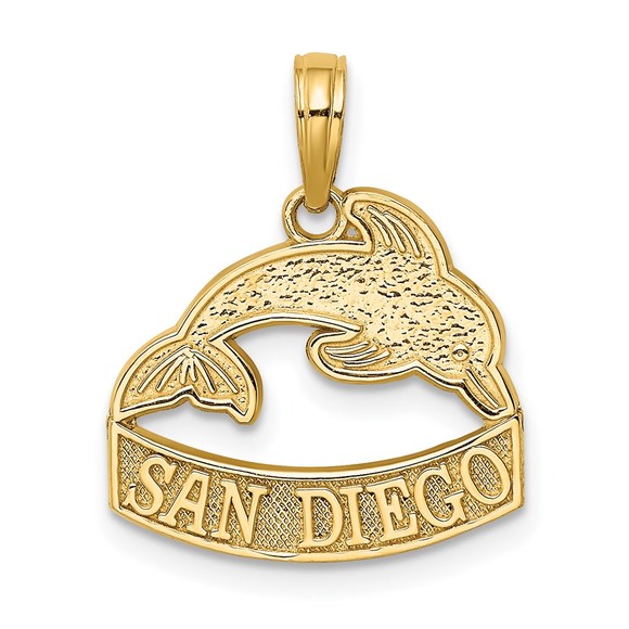 14k Yellow Gold Travel SAN DIEGO Banner Dolphins Necklace Charm Pendant - Picture 1 of 4